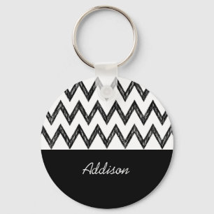 Trendig Hand plockade Black and White Chevron och Nyckelring