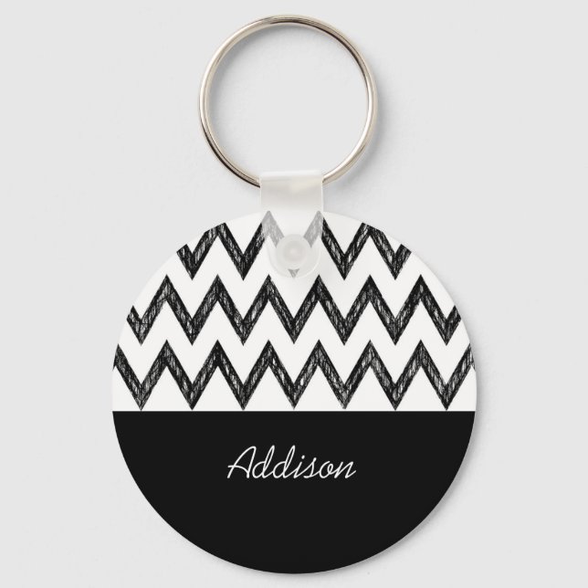 Trendig Hand plockade Black and White Chevron och  Nyckelring (Framsida)