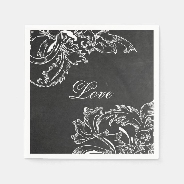 trendig hand plockade blommigt, svart bläckstrålee pappersservett (Framsidan)