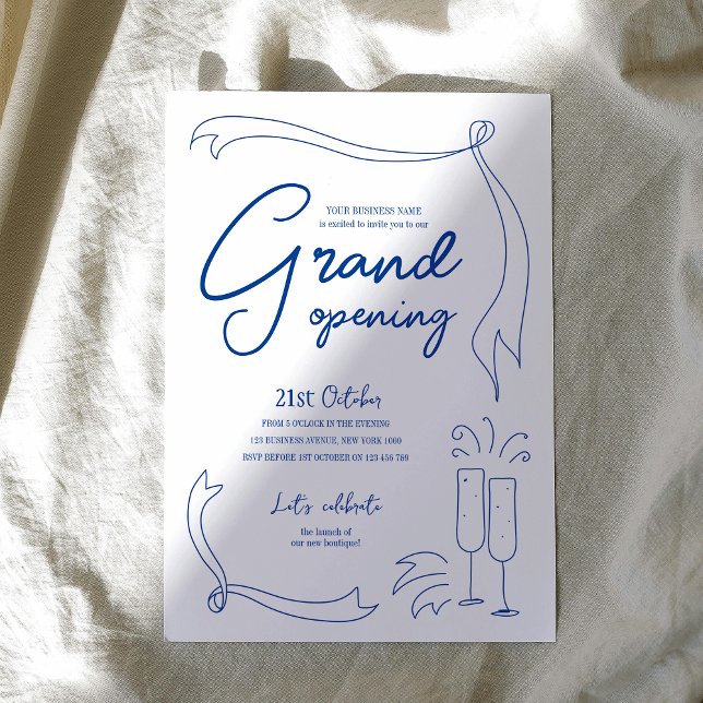 Trendig Hand plockade Blue Business Logotyp Grand  Inbjudningar (Embrace the whimsical rustic style with this hand drawn company grand opening invitation)