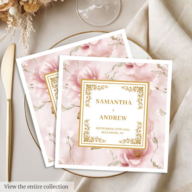 Trendig  havskräfta med guld, havskräfta med bröll pappersservett (Trendy blush ivory gold watercolor wedding napkins)
