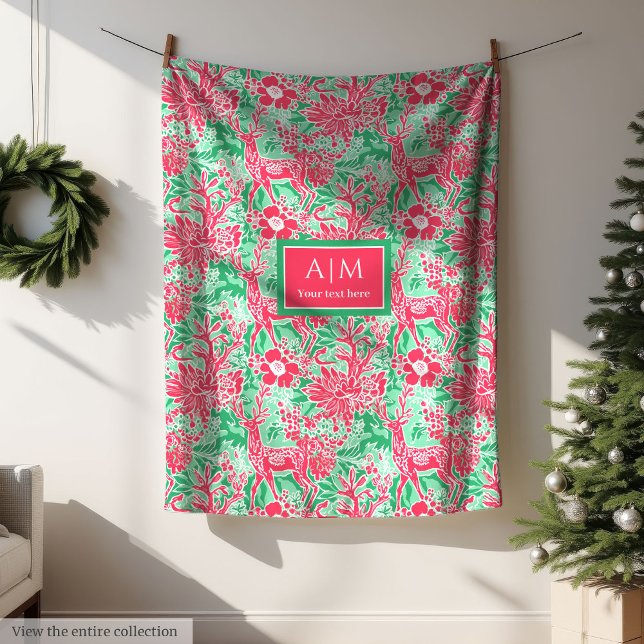 Trendig het rosa grön akvarell preppy festisk fleecefilt (Chic hot pink green watercolor preppy festive Fleece Blanket)