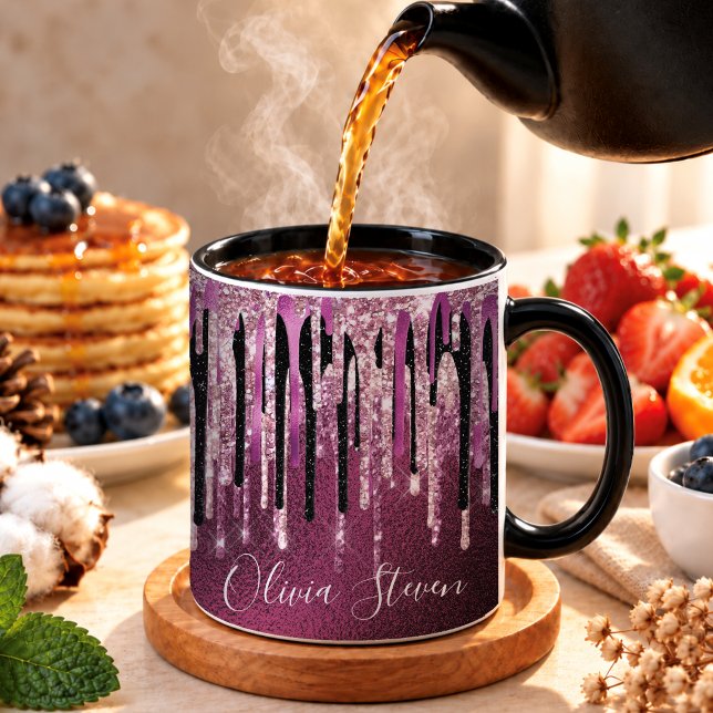 Trendig het rosa svart droppande glittermonogram mugg (Skapare uppladdad)