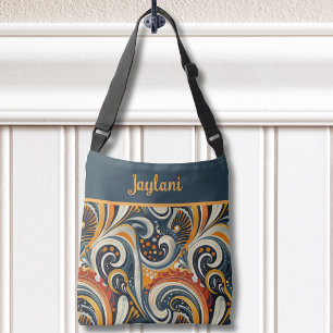 Trendig Hip Retro Orange Djup Teal Virvlar Monogra Axelväska