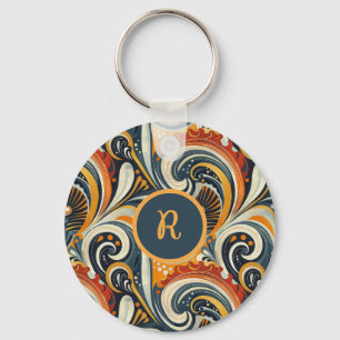Trendig Hip Retro Orange Djup Teal Virvlar Monogra Nyckelring