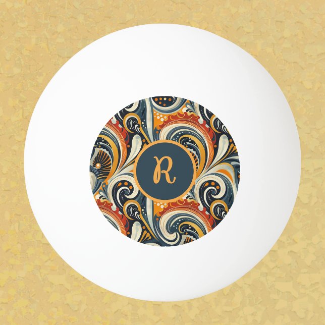 Trendig Hip Retro Orange Djup Teal Virvlar Monogra Pingisboll (Skapare uppladdad)
