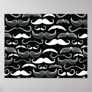 Trendig Hipster Black and White Mustache Mönster Poster