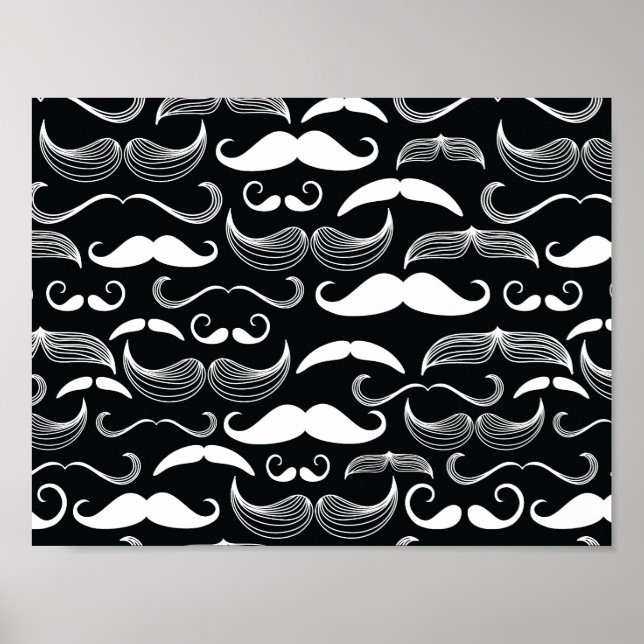 Trendig Hipster Svart och Vitt Mustasch Mönster Poster (Framsidan)