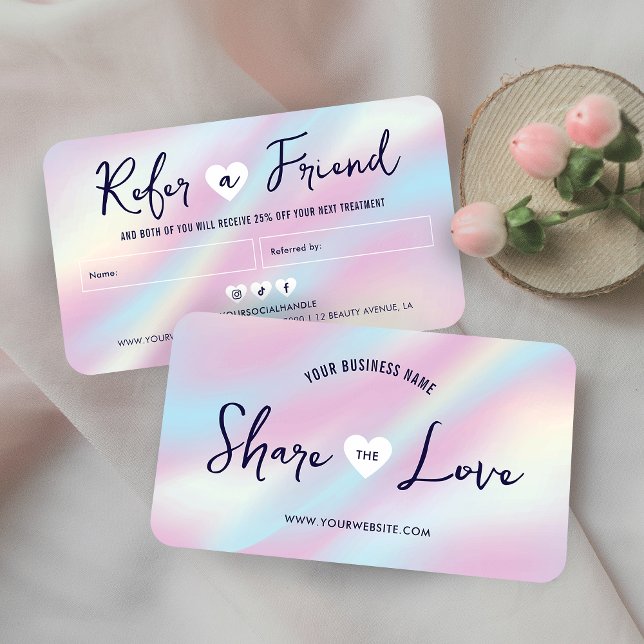 Trendig Holografi  Kärlek Nagel Spa Salon Rabattkort (Trendy Share the Love referral cards with holographic effect and trendy script fonts)