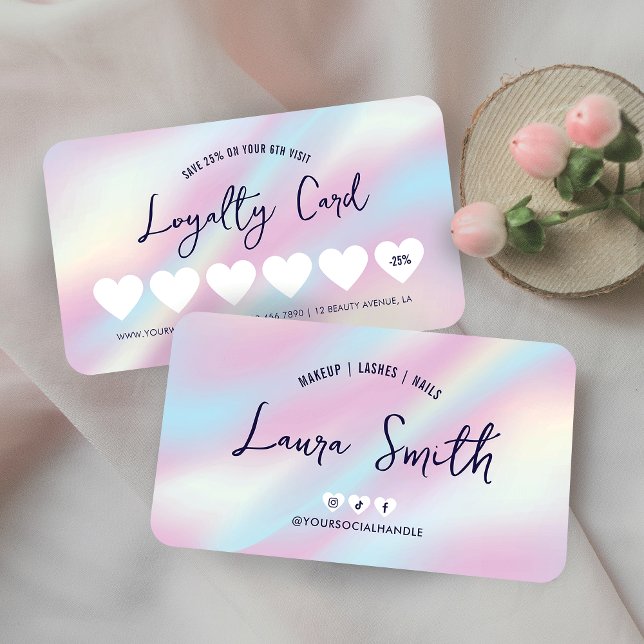 Trendig HoloGraph Hairstylist Nagel Beauty Salon Lojalitetskort (Modern loyalty cards with holographic background and modern fonts)