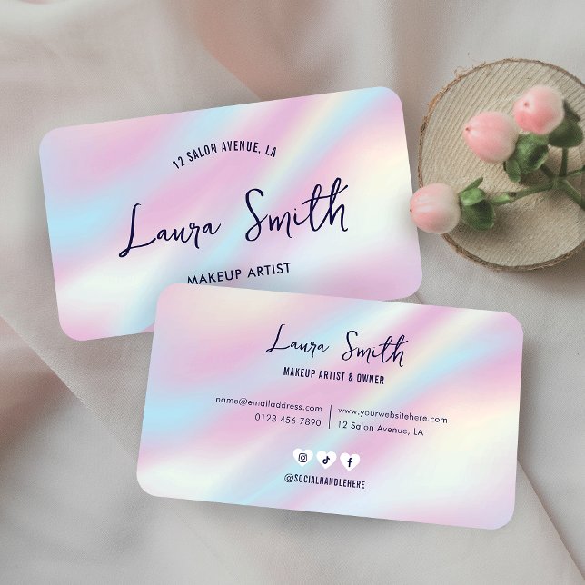 Trendig HoloGraph Hairstylist Nagel Beauty Salon Visitkort (Girly holographic effect business card design with trendy script font and modern layout)