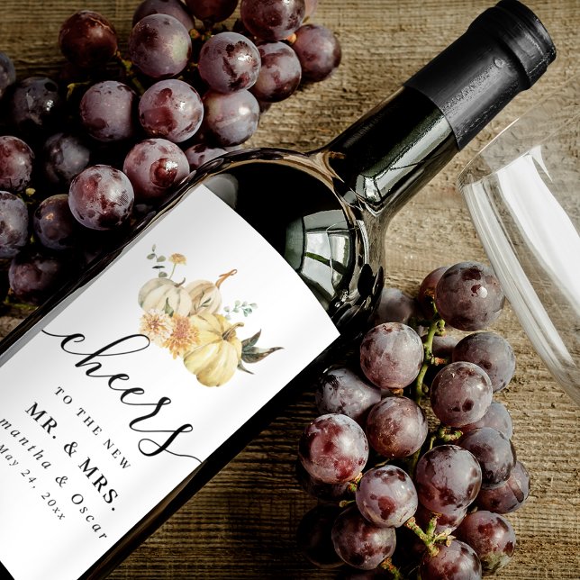 Trendig höst vattenfärg pumpa & blommor vinflaska etikett (Skapare uppladdad)