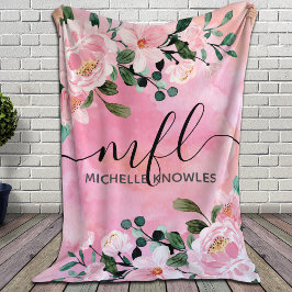 Trendig i Blommigt  med vacker  Rosa, monogram Fleecefilt