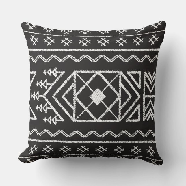 Trendig Ikat mönster Black Geometric Tribal Kudde (Framsida)