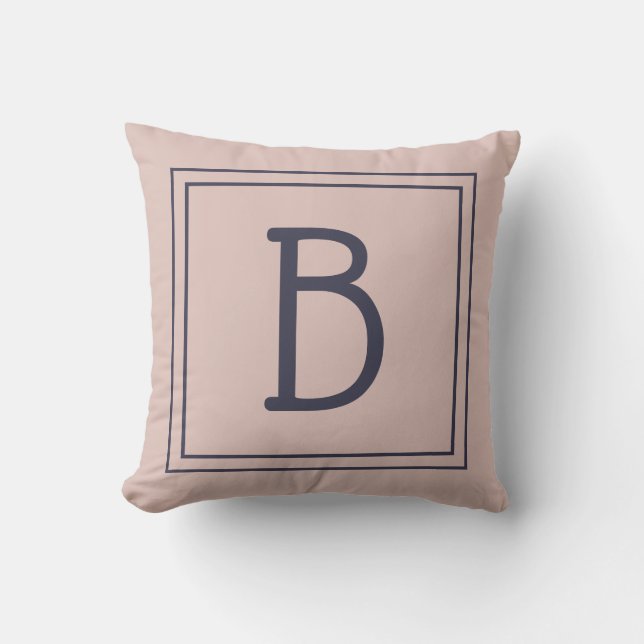 Trendig inramad monogram mjuk rosa & mörkblå kudde (Framsida)