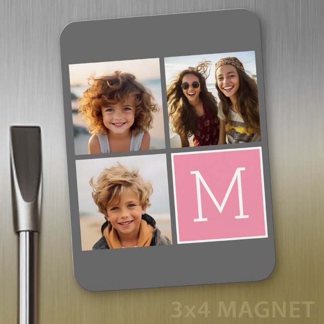 Trendig Instagram-fotocollage med anpassad monogra Magnet (Personalized refrigerator magnet with photo collage and custom text - add 4 photos to this design)