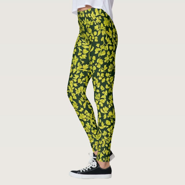 Trendig Italienska Olive Löv Mönster, Grönt blommi Leggings (Vänster)