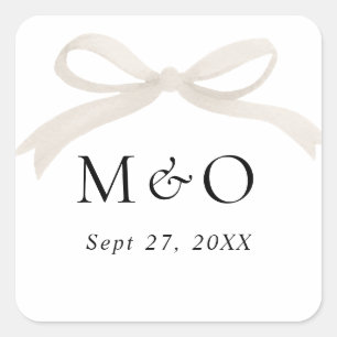 Trendig Ivory White Bow Watercolor Monogram Bröllo Fyrkantigt Klistermärke