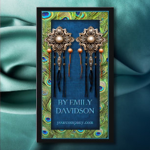 Trendig Juel Earring Visning Peacock Feathers Blue Visitkort