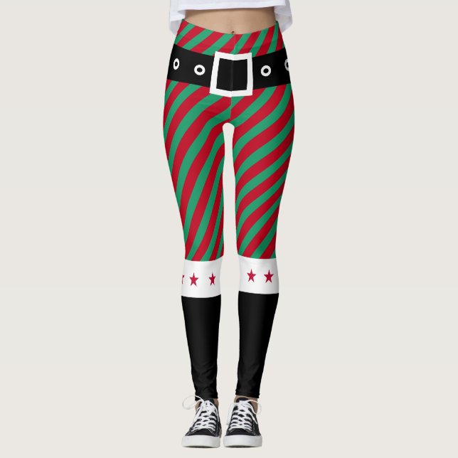 Trendig Jul Grönt Red Rand Candy cane Elf Leggings (Framsida)