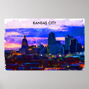 Trendig Kansas City Skyline Travel Watercolor Poster