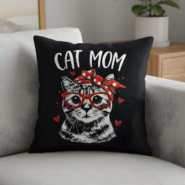 Trendig kattmamma med glasögon och bandana svart kudde