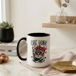 Trendig kattmamma med glasögon och bandana Vit kaf Mugg