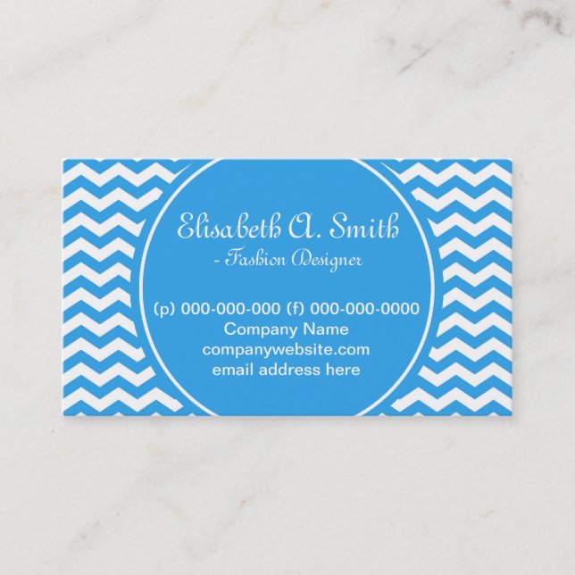 trendig,klassisk, ljusvit och blå chevron visitkort (Framsida)