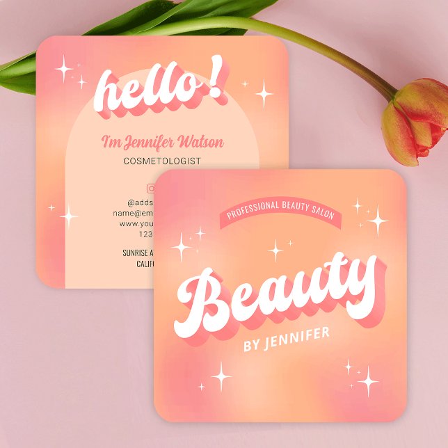 Trendig kometolog Lash Retro Girly Beauty Fyrkantigt Visitkort (Trendy retro beauty salon business cards featuring groovy fonts and girly peach color scheme)