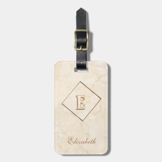 Trendig kräm marmorerad textur, monogram-personanp bagagebricka (Vertikal Framsida)