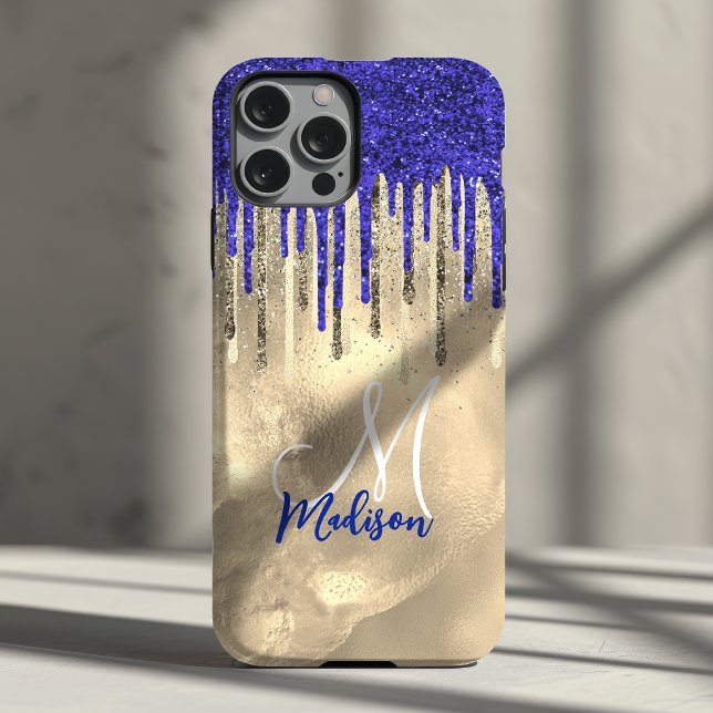 Trendig kunglig blå guld glitter droppar monogram (Skapare uppladdad)
