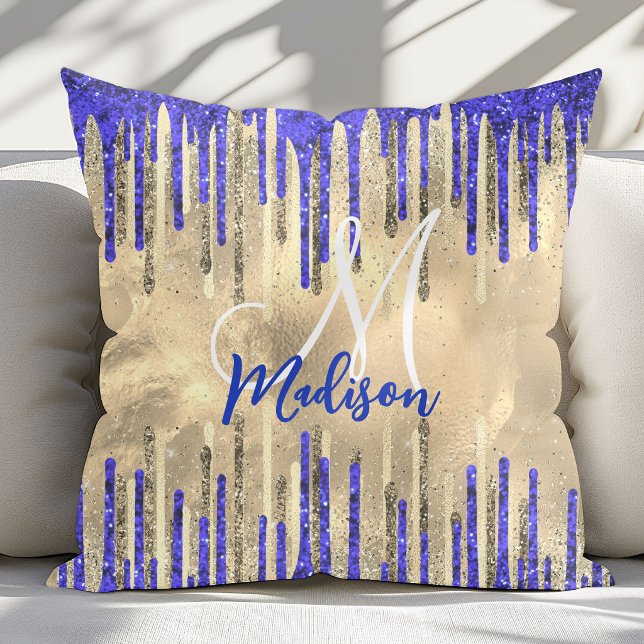 Trendig kunglig blå guld glitter droppar monogram kudde (Skapare uppladdad)