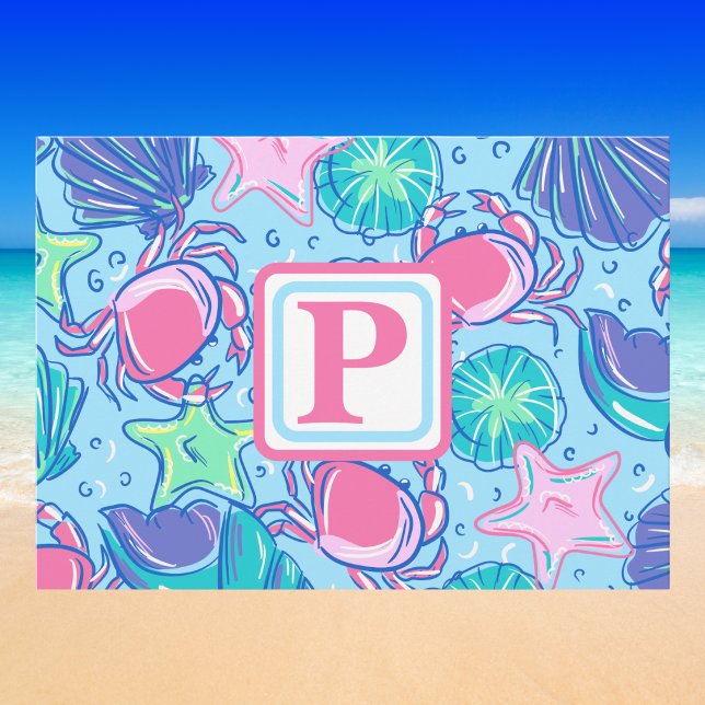 Trendig kustmonogram skal rosa krabba blå vykort (Skapare uppladdad)