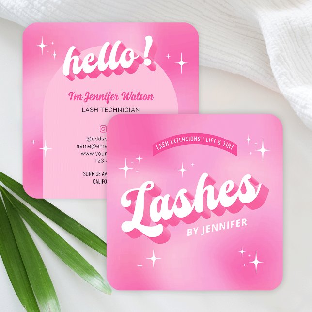 Trendig Lash Groovy Girly Rosa Lash Extensions Fyrkantigt Visitkort (Retro pink lashes business cards with groovy fonts and trendy nostalgia style design)