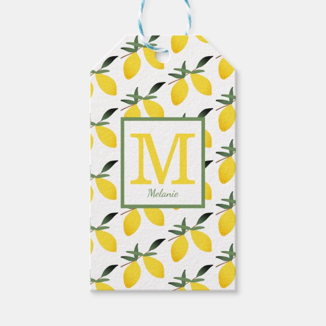 Trendig Lemon Monogram Namn Presentetikett (Framsidan)
