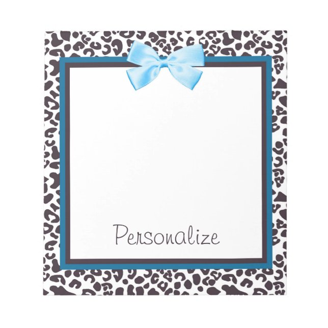 Trendig Leopard Print och Blue Ribbon with Namn Anteckningsblock (Framsida)