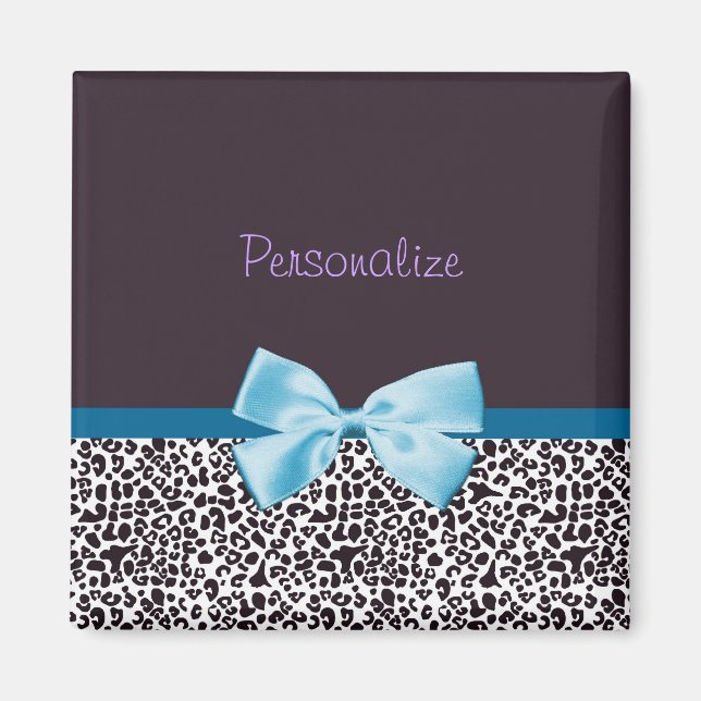 Trendig Leopard Print och Blue Ribbon with Namn Magnet (Framsidan)