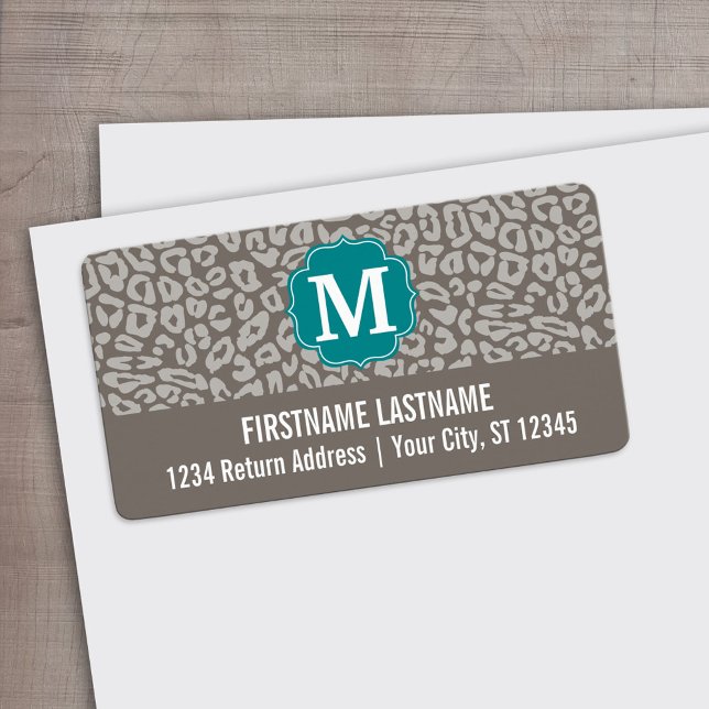 Trendig Leopard Skriv ut Mönster med Aqua Monogram Adressetikett (Custom Address Label)