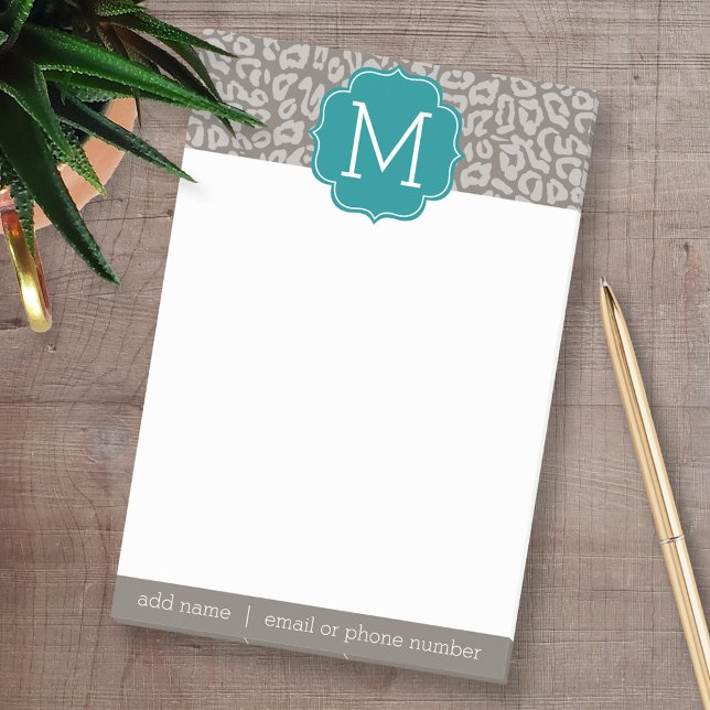 Trendig Leopard Skriv ut Mönster med Aqua Monogram Post-it Block (Personalized Post-it Notes - add your name and other social media contact information)