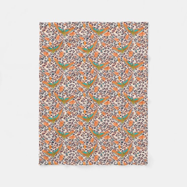 Trendig leopardmönster, paradisfåglar, orange fleecefilt (Framsidan)