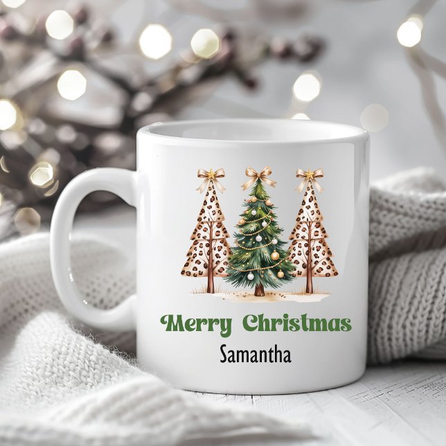 Trendig Leopardsjulgran Personlig Mugg (Trendy Leopard Christmas Trees Personalized Mug)