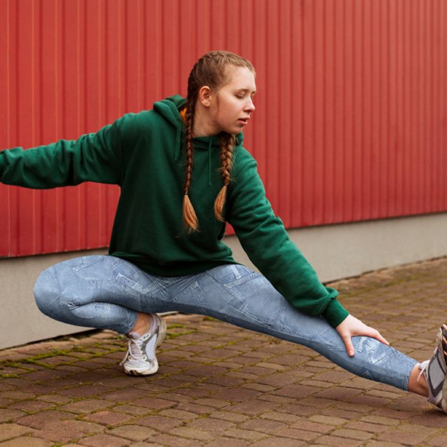 Trendig Light Blue Jean Faux Effect Mönster Leggings (Trendy light blue jean faux effect pattern printed leggings, for yoga, fitness, pilates & lifestyle.)
