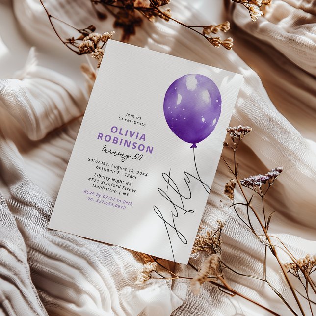 Trendig lila ballong 50-årsdag inbjudningar (Skapare uppladdad)