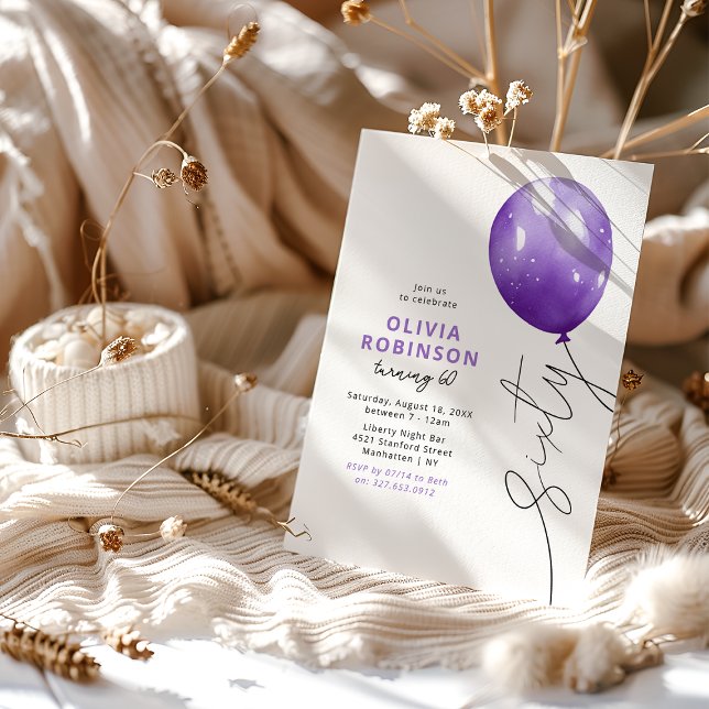 Trendig lila ballong 60-årsdag inbjudningar (Skapare uppladdad)