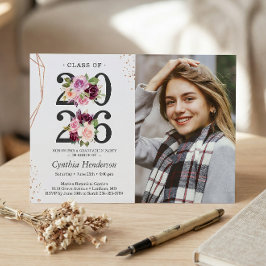 Trendig Lila Blommigt Ro Guld Photo Studenten Inbjudningar