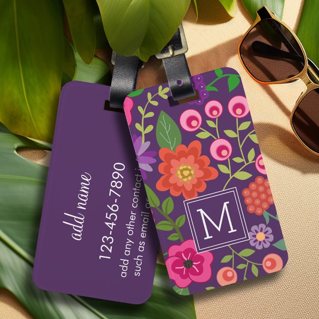 Trendig Lila Blommönster med Anpassningsbar Monogr Bagagebricka (Personalized luggage tag with retro flower pattern and monogram - add contact information on back)