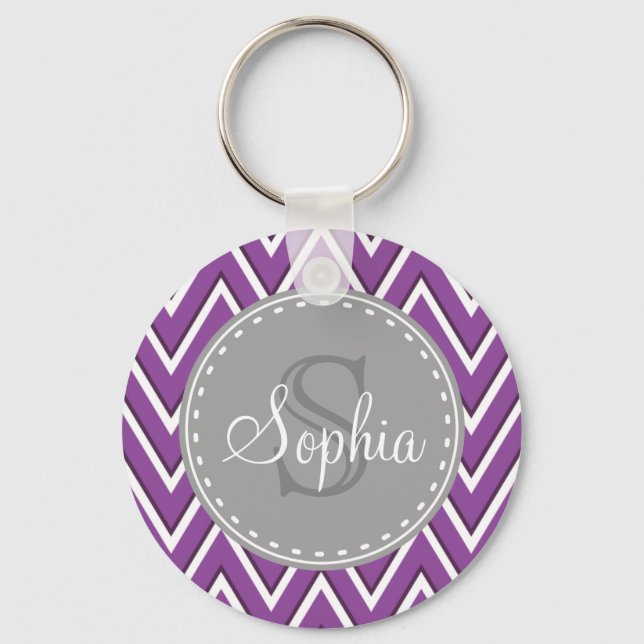 Trendig Lila Chevron Mönster Grått Monogram Nyckelring (Framsida)