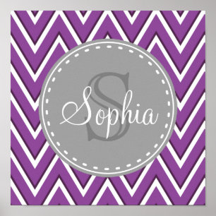 Trendig Lila Chevron Mönster Grått Monogram Poster