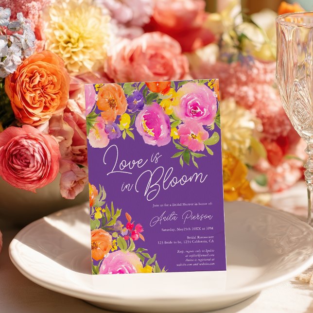 Trendig lila djärv blomster vattenfärg bröllopsfes inbjudningar (Chic Purple Bold floral watercolor bridal shower Invitation)