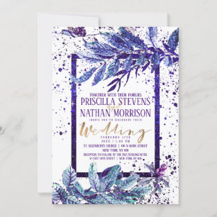 Trendig Lila Glitter Foliage Splatter Bröllop Inbjudningar